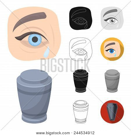 Funeral Ceremony Cartoon, Black, Flat, Monochrome, Outline Icons In Set Collection For Design. Funer