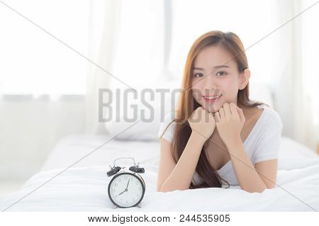 Beautiful Of Portrait Young Asian Woman Wake Up In Morning And Alarm Clock, Girl Standing Hurry Wake