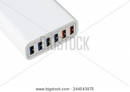 Closeup Of Multiport Fast Charging Station, Isolated On White