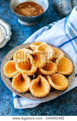 Honey And Sesame Babouches - Popular Arabic Dessert. Arabic And Middle Eastern Food Concept