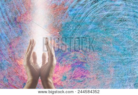 Channeling Quantum Healing Energy To Calm The Turbulent Atmosphere - Male Parallel Hands Facing Upwa