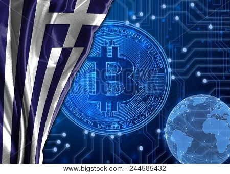 Flag Of Greece Is Shown Against The Background Of Crypto Currency Bitcoin. Global World Crypto Curre