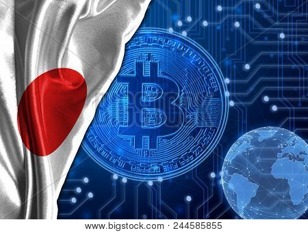 Flag Of Japan Is Shown Against The Background Of Crypto Currency Bitcoin. Global World Crypto Curren