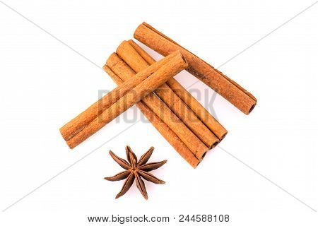 Cinnamon Stick And Star Anise Spice Isolated On White Background Closeup