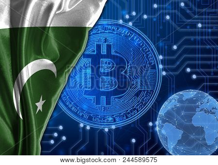 Flag Of Pakistan Is Shown Against The Background Of Crypto Currency Bitcoin. Global World Crypto Cur
