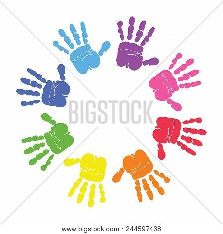 Circle Spiral Of Colorful Hand Prints Made By Children Isolated On White Background. Vector