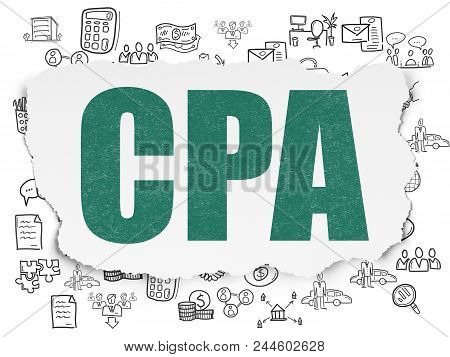 Business Concept: Painted Green Text Cpa On Torn Paper Background With  Hand Drawn Business Icons