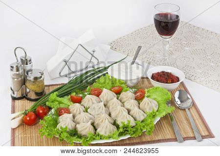 Kinkali In Green With Tomatoes And Onions. Serve With Soy Sauce And Sour Cream.