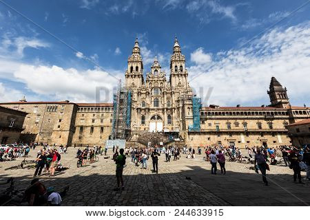 Santiago De Compostela, Spain - Jun 02, 2018: Facade Of Santiago De Compostela Cathedral In Obradoir