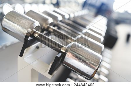 Rows Of Dumbbells In The Gym With Hign Contrast Light