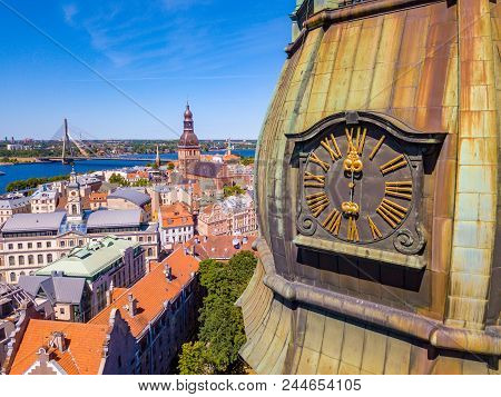 May 20, 2018. Riga, Latvia. Beautiful Aerial Riga View From Above With Golden Rooster On The Top Of 