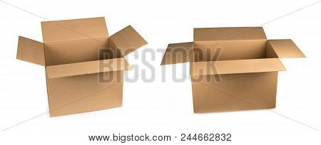 Two Cardboard Boxes Isolated On A White Background With Clipping Path. Mockup. Package Open.