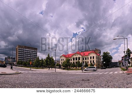 Vsetin, Czech Republic - June 02, 2018: Namesti Svobody Square With Historical Building Of Health Sc