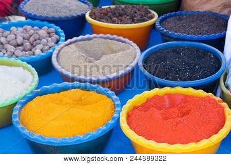 Marketstall Selling Ingredients. Traditional Spices Market. Colored Spices At Local Market. Beautifu