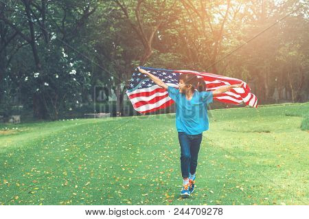 Happy Kid Little Child Running With American Flag Usa Celebrate 4Th Of July