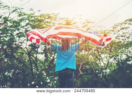 Happy Kid Little Child Running With American Flag Usa Celebrate 4Th Of July