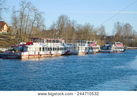 Saint Petersburg, Russia - April, 2018: Parking Of Tourist Motor Ships 
