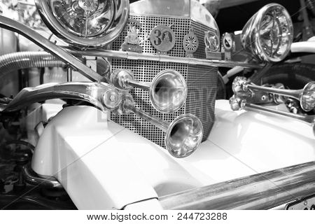 Srael, Petah Tiqwa - May 14, 2016:  Exhibition Of Technical Antiques. Shiny Hornsof Old Retro Car In