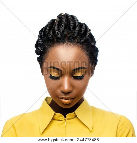 Macro Close Up Beauty Portrait Of Black Woman Looking Down With Eyes Closed.girl With Stylish Braide