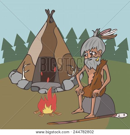 Primitive Oldman Near Hut And Bonfire, Vector Cartoon Illustration Of Senior Prehistoric Person