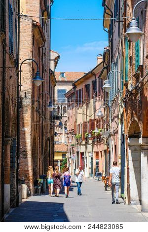 Ferrara, Italy - June, 9, 2018:  street in the old town of Ferrara, Italy