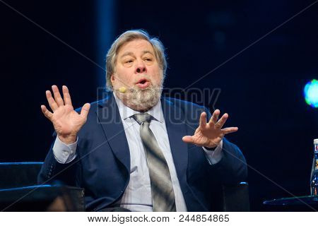 Moscow - Russia, April 23, 2018: Stephen Wozniak performs at business conference