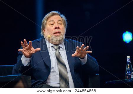 Moscow - Russia, April 23, 2018: Stephen Wozniak performs at business conference