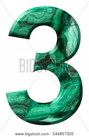 Arabic Numeral 3, Three, From Natural Green Malachite, Isolated On White Background