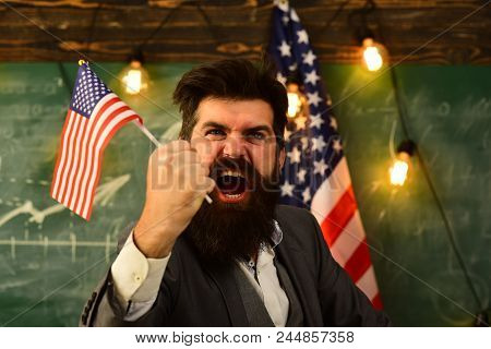 Angry Businessman With American Flag Close Up