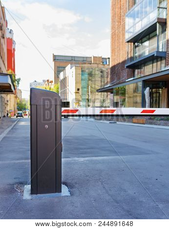 Security System For Building Access - Barrier Gate Stop. Automatic Rising Arm Or Drop Barrier. Intel