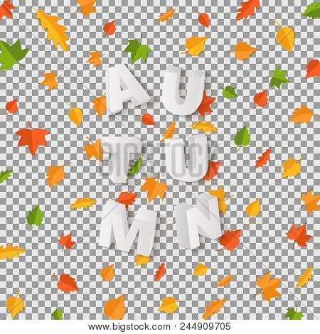 Word Autumn Composition With Green Yellow Red Leaves With Shadow In Paper Cut Style. Fall Leaf 3d Re