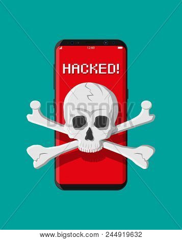 Death Skull And Bones On Smatphone Screen. Internet Phishing, Hacked Login And Password. Computer Ne