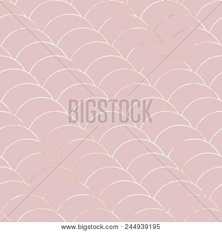 Mermaid Fish Scale Wave Japanese Luxury Silver Seamless Pattern. Light Pink Background With Silver C