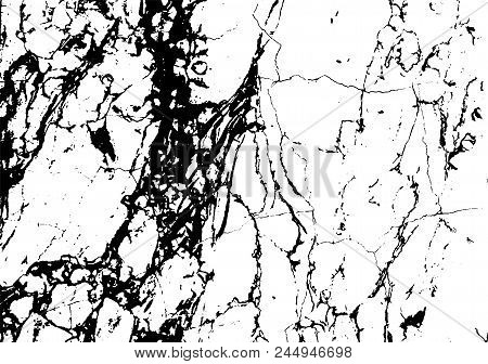 Black Marble Cracks Vector Grunge Texture Overlay. Natural Stone Pattern Isolated On White Backgroun