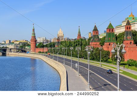 Moscow, Russia - June 03, 2018: View Of Kremlevskaya Embankment In Sunny Summer Morning