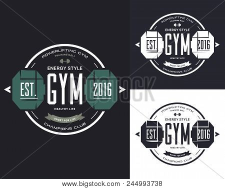 Set Of Isolated Training Equipment For Gym. T-shirt Prints With Barbell Or Sportswear Logo With Dumb
