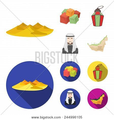 Eastern Sweets, Ramadan Lamp, Arab Sheikh, Territory.arab Emirates Set Collection Icons In Cartoon, 
