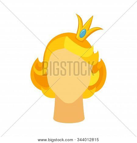 Cartoon Golden Short Hair Princess Avatar. Royal Crown On Woman Head. Fairy Tale Theme Vector Illust