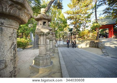 Osaka, Japan - December 15, 2019 : Beatiful Scene Of Sumiyoshi Taisha Shrine, This Is The Famous Tra