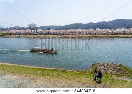 Kitakami, Iwate Prefecture, Japan - April 23 2019 : Sightseeing Boats On The Kitakami River. Tenshoc