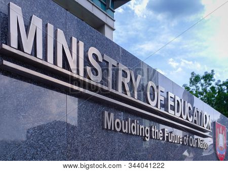Singapore-22 Dec 2017: Singapore Ministry Of Education Plaque Perspective Day View