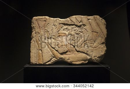 Barcelona, Spain - Dec 27th, 2019: Akhenaton Making Floral Offerings To Aton. Museum Of Ancient Egyp