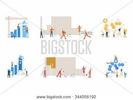 Set Of Business Teams Constructing Mechanisms. Flat Vector Illustrations Of People Launching Rocket,