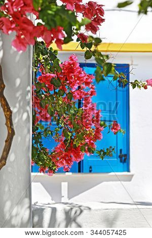 Traditional Blue Window Behind The Red Bougainvillea Flowers At Koufonisia Islands Cyclades Greece