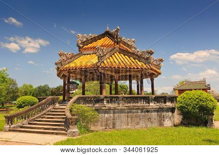 Pagoda Inside The Purple Forbidden City (imperial City) In Hue In Central Vietnam.