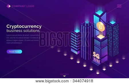 Cryptocurrency Business Solutions Isometric Landing Page. Huge Bitcoin Hanging Above Neon Glowing Sk