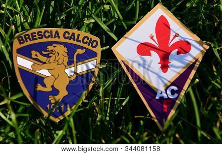 September 6, 2019, Turin, Italy. Emblems Of Italian Football Clubs Brescia And Fiorentina Florence O