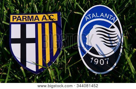 September 6, 2019, Turin, Italy. Emblems Of Italian Football Clubs Parma And Atalanta Bergamo On The
