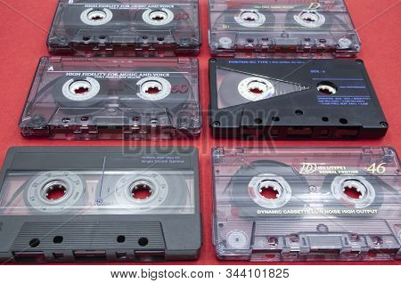 Vintage Audio Cassette. Outdated Equipment Taped Hi-fi Stereo Set. Vintage Tape Record Technology.