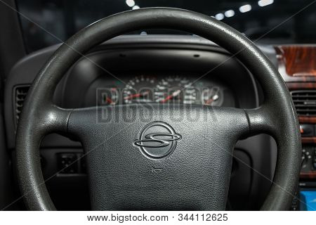 Novosibirsk, Russia - November 01, 2019:  Ssangyong Korando , Black Luxury Car Interior - Dashboard,